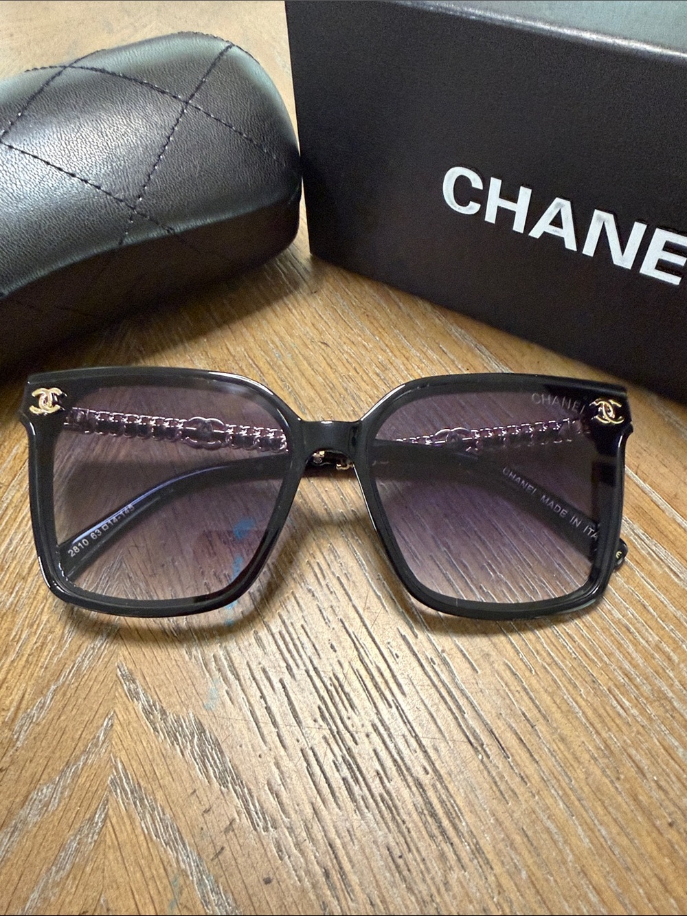 CHANEL Black & Gold Leather Square Gradient Sunglasses with Gold Logos - Picture 5 of 10